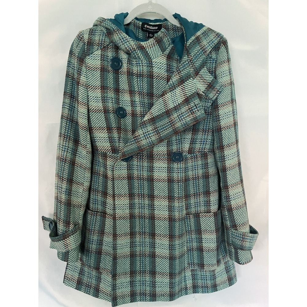 CoffeeShop Y2K Teal Brown Plaid Hooded Pea Coat Double Breasted Jacket Small